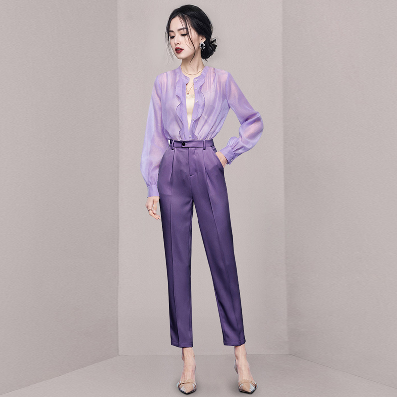 欧货套装女秋装高级感紫色荷叶边长袖衬衫高腰直筒九分裤子两件套 举报