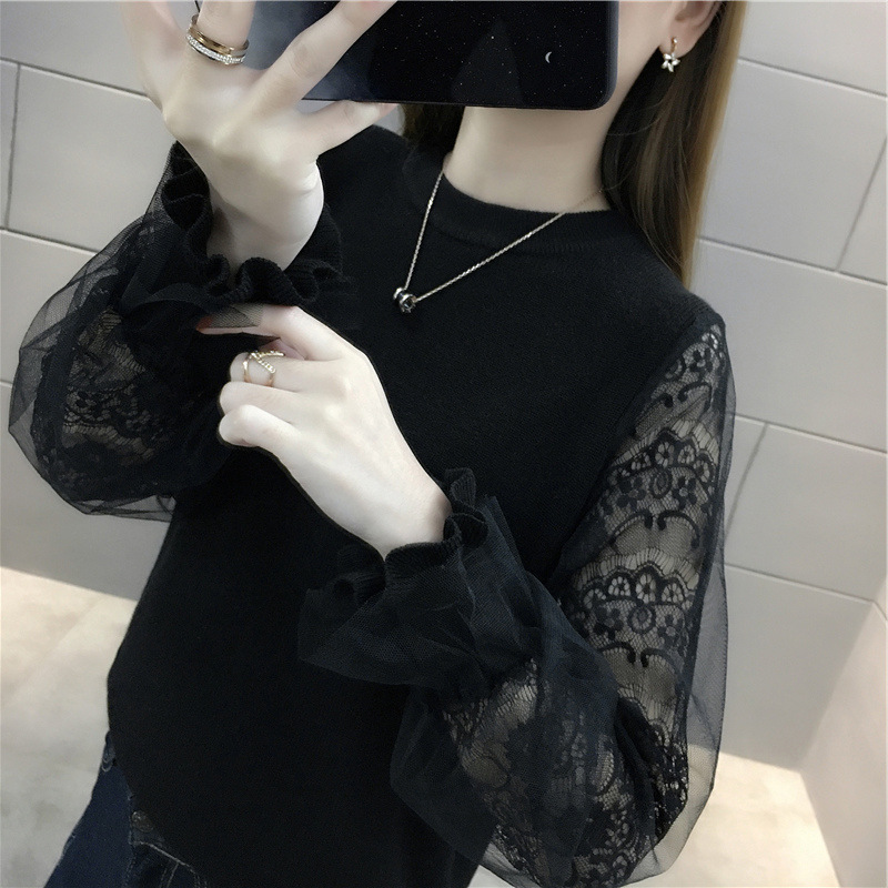 韩版宽松网纱蕾丝拼接针织衫百搭上衣
